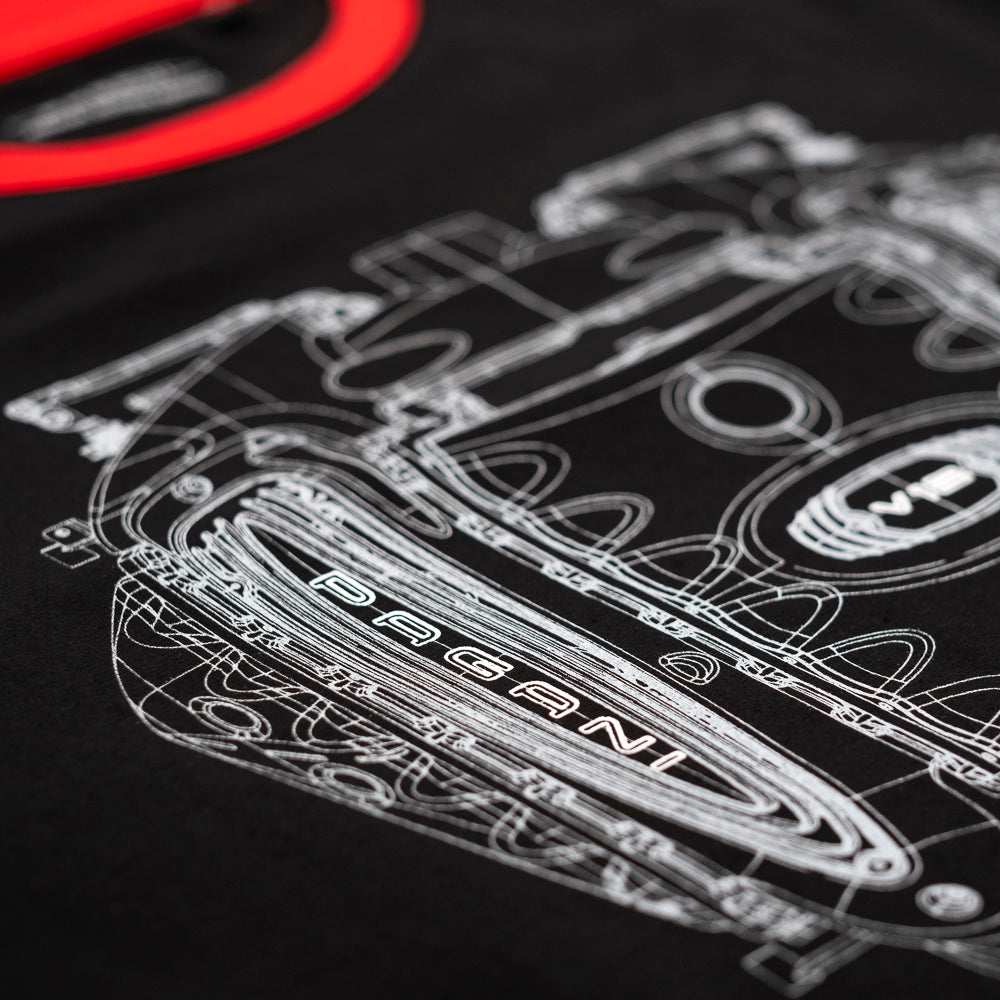 Herren-T-Shirt mit Motor-Print, schwarz | Huayra Roadster BC Kollektion
