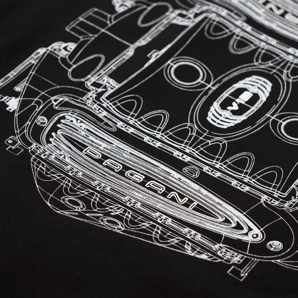 Herren-T-Shirt mit Motor-Print, schwarz | Huayra Roadster BC Kollektion
