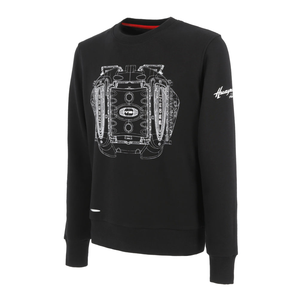 Herren-Sweatshirt mit Rundhalsausschnitt und Motorprint, schwarz | Huayra Roadster BC Kollektion